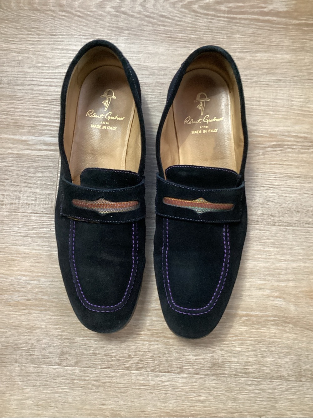 Robert Graham Black Suede Slip-On Loafers with Purple Stitching Men’s Size 13